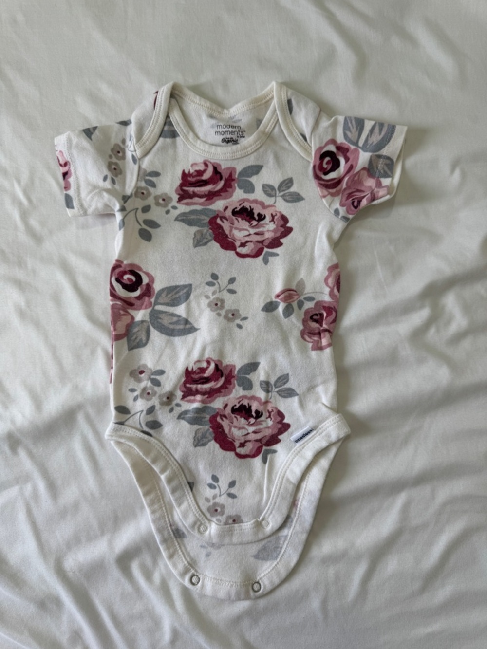 Floral Short-Sleeve Baby One-Piece - White with Pink Rose Print